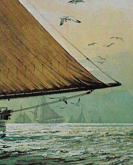 Vintage book page maritime print “Skipjacks at work – dredging oysters the traditional way” Carl G. Evers c.1972