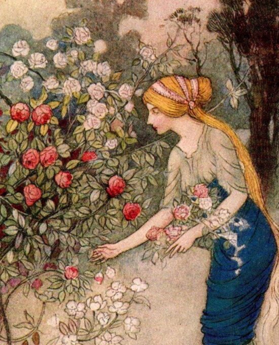 From Chaucer’s Works “Emily in the Garden” Vintage illustration by Warwick Goble 1930s