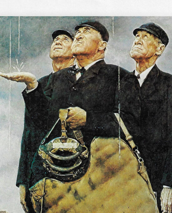Norman Rockwell Vintage art book page “Game Called Because of Rain” April 1949
