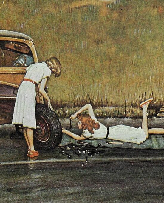 Norman Rockwell Vintage art book page “Fixing A Flat” August 1946
