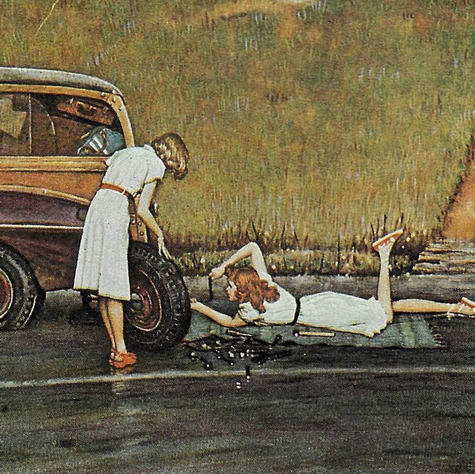 Norman Rockwell Vintage art book page "Fixing A Flat" August 1946