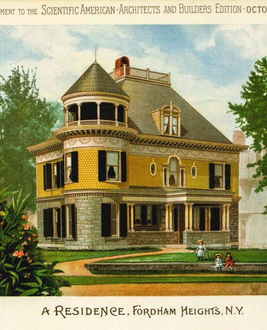1891 Scientific American Antique Print: Fordham Heights Residence Victorian floorplan