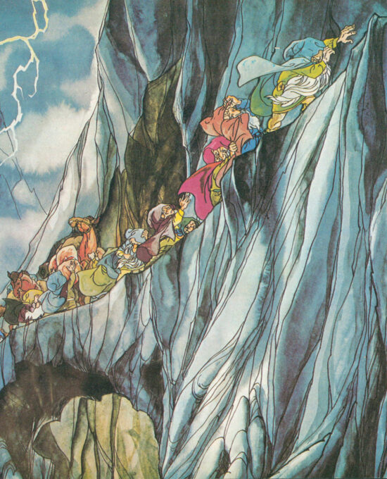 Antique Hobbit Illustration “Thunder battle in the mountains” Vintage orphaned book page 1978