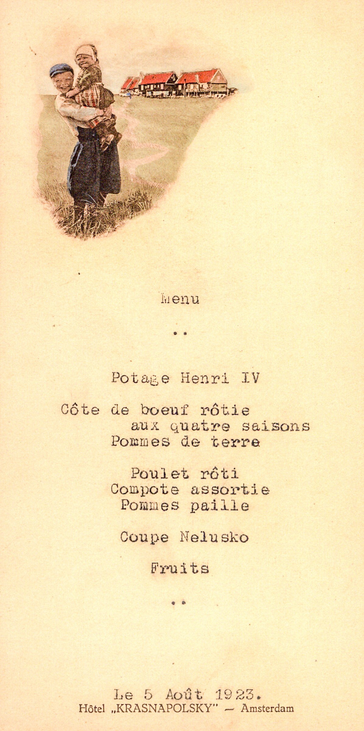 August 5, 1923 Hotel Krasnapolsky, Amsterdam dinner menu