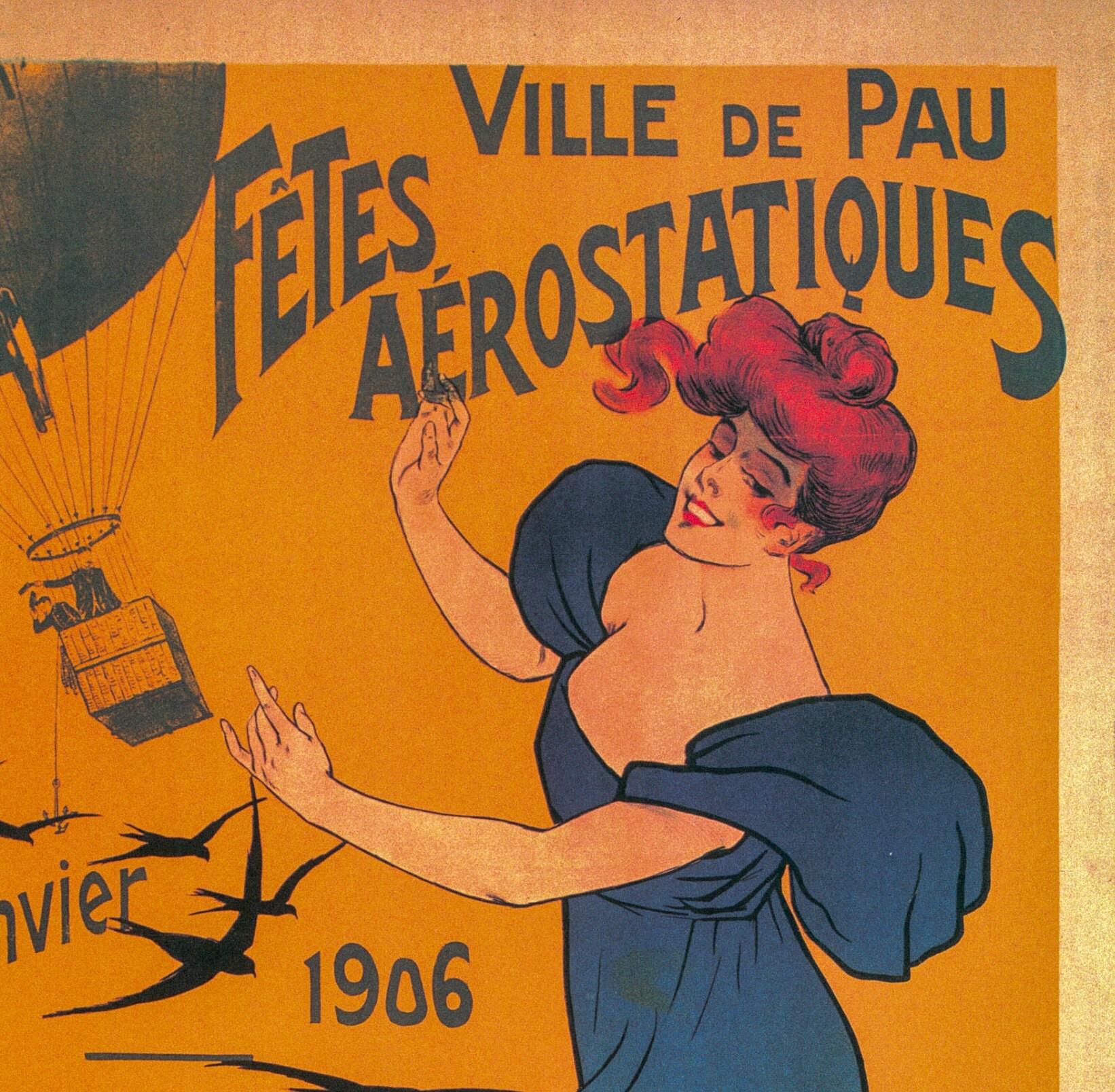 Antique Aviation Art "Fetes Aerostatiques" 1906 Vintage art book page