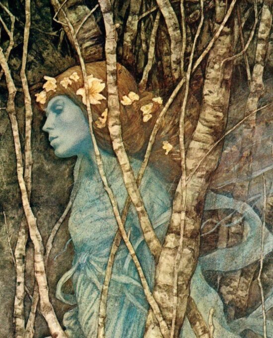 Brian Froud Art Print: Elfin Maid, Knight in Woodland, Vintage Book Page