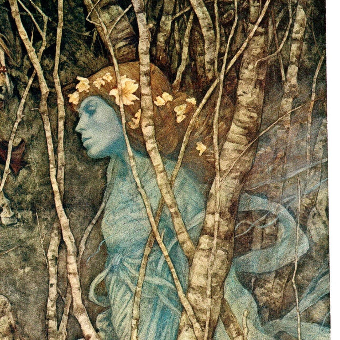Brian Froud Art Print: Elfin Maid, Knight in Woodland, Vintage Book Page