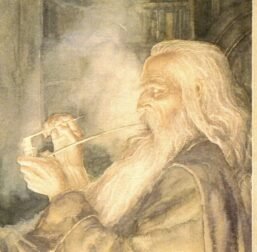 Frodo and Gandalf by Alan Lee from The Fellowship of the Ring Vintage art-book page
